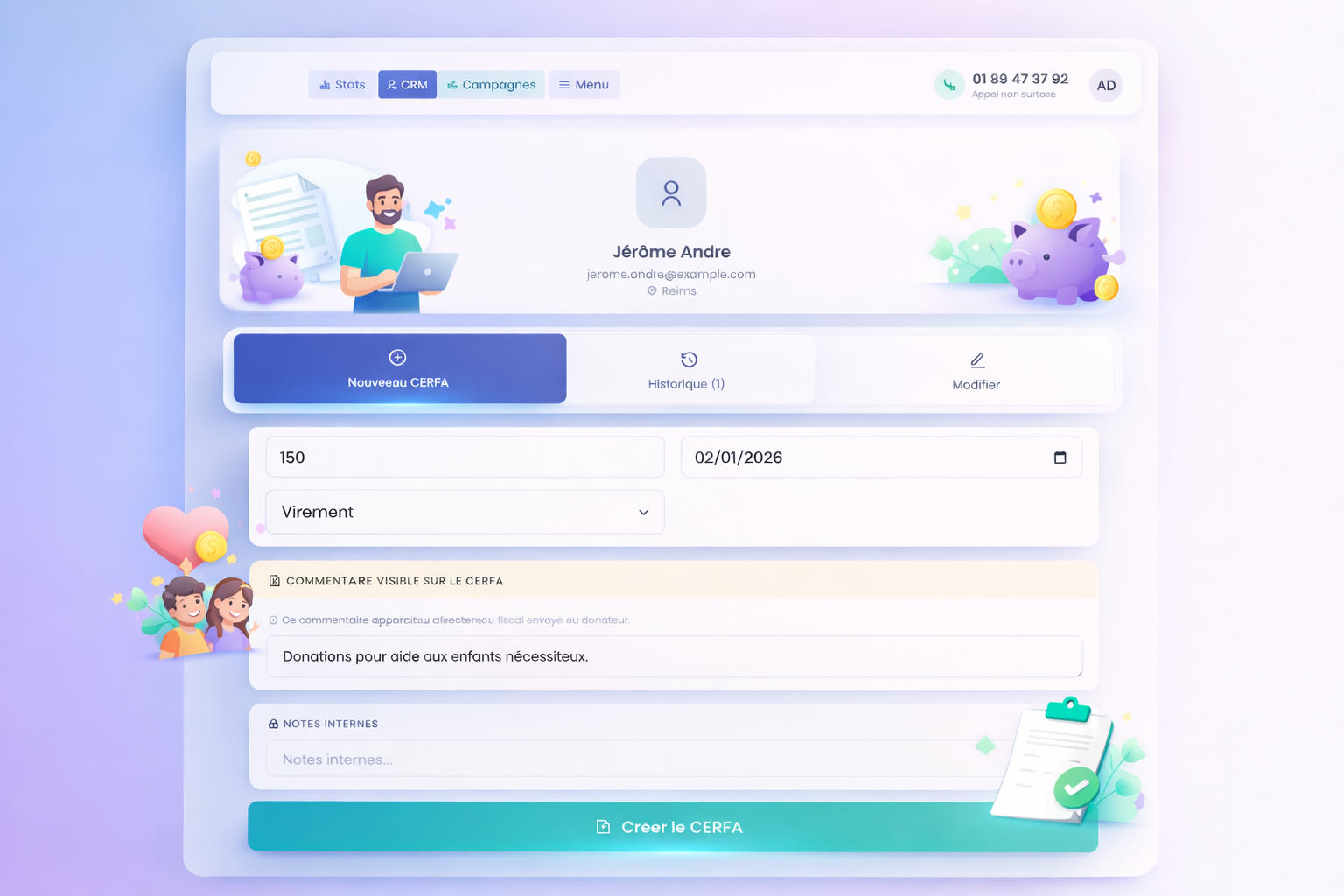 CRM donateurs CerfApp : liste des donateurs, montants et historique