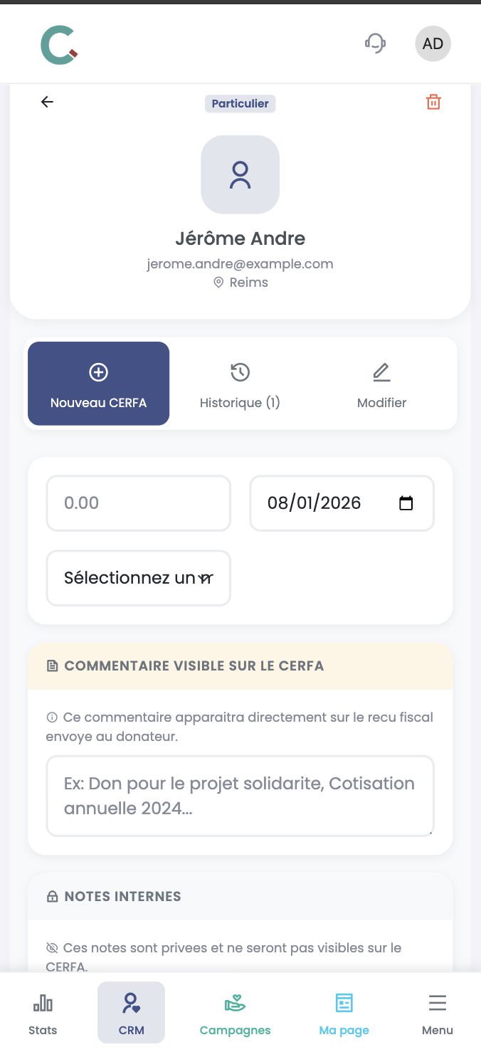 Fiche donateur CerfApp sur mobile