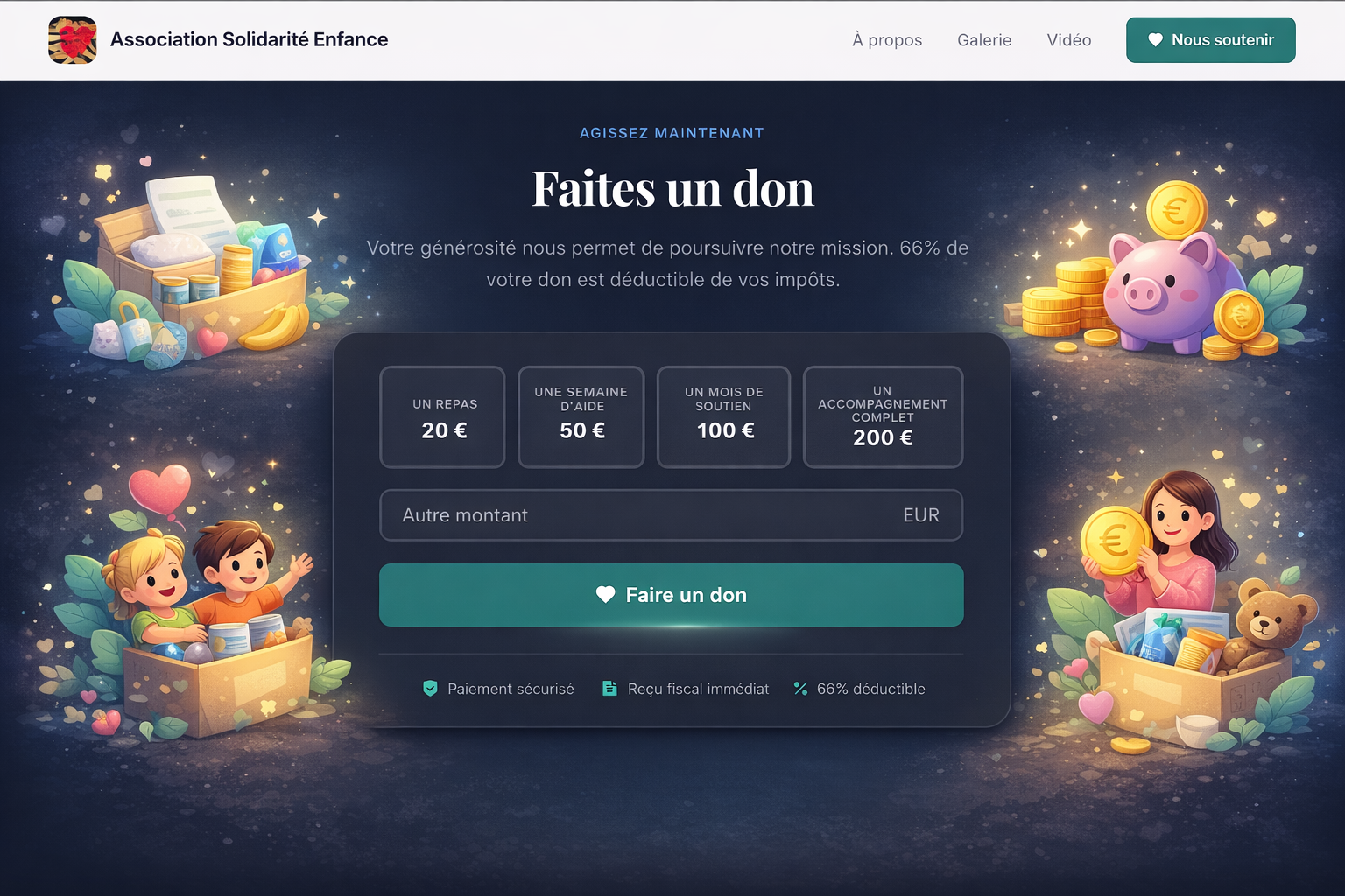 Page de collecte CerfApp : montants suggérés, jauge d'objectif et formulaire de don